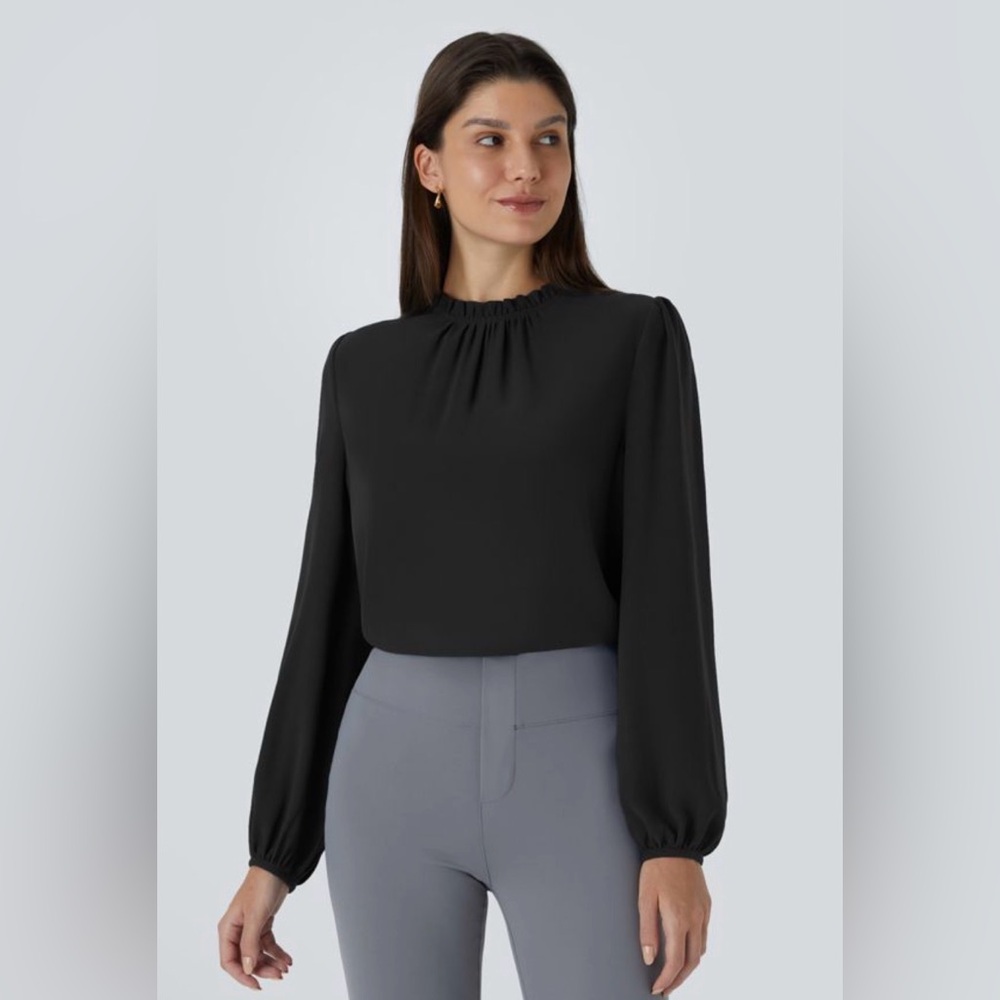 HALARA Frill Round Neck Long Sleeve Work Blouse